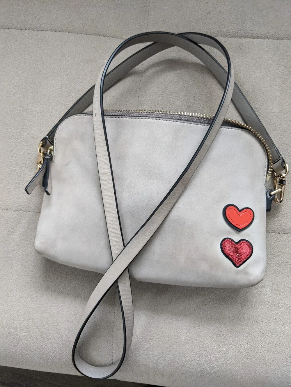 Tory Burch Taupe Crossbody with Dove, Peace & Heart Patches